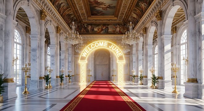 Grand marble hall with ornate columns and red carpet interior.