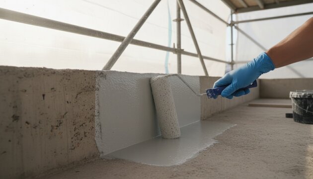 Waterproofing concrete balcony with paint roller, professional worker applying grey liquid membrane, industrial roof sealing and protection