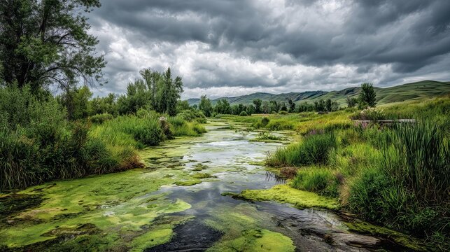 A serene and vibrant landscape of a green river with algae and lush vegetation under a cloudy sky
