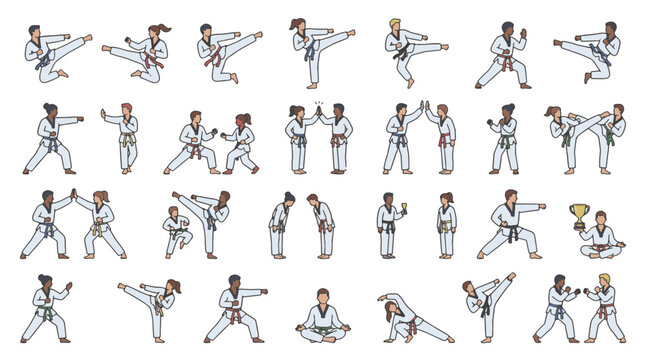 Flat vector illustration set of 30 distinct taekwondo martial arts poses and icons featuring athletes in traditional dobok uniforms performing high kicks, blocks, and fighting stances.