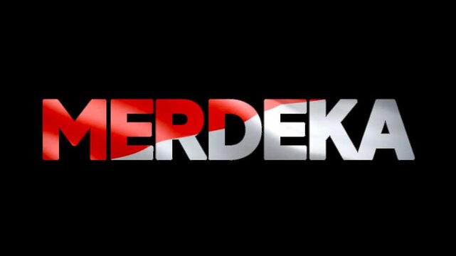 The text "Merdeka" (independence) with an animated red and white flag inside. For Indonesian Independence Day purposes. Alpha video