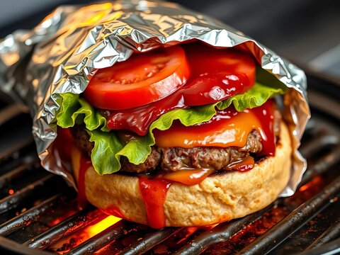 Juicy hamburger wrapped in foil with tomato, lettuce, and sauce, sizzling on grill plate, lettuce, summer