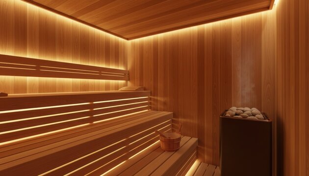 Modern luxury wooden sauna interior with warm LED lighting, traditional Finnish sauna room with cedar wood benches, wellness spa treatment area
