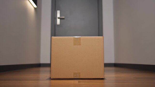 Efficient package pickup in modern hallway: smooth elevator door delivery