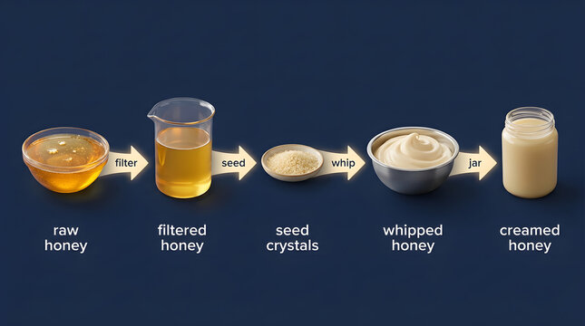 Educational infographic showing the production process of creamed honey from raw honey through filtering seeding whipping and final packaging in a glass jar