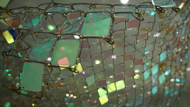 Abstract shimmering mosaic surface with iridescent square tiles and bokeh lights