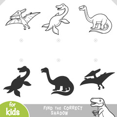 Find the correct shadow educational game for children with set of dinosaurs. Black and white worksheet with cute animals and silhouette shadows. Printable vector coloring illustration for kids © ksenyasavva