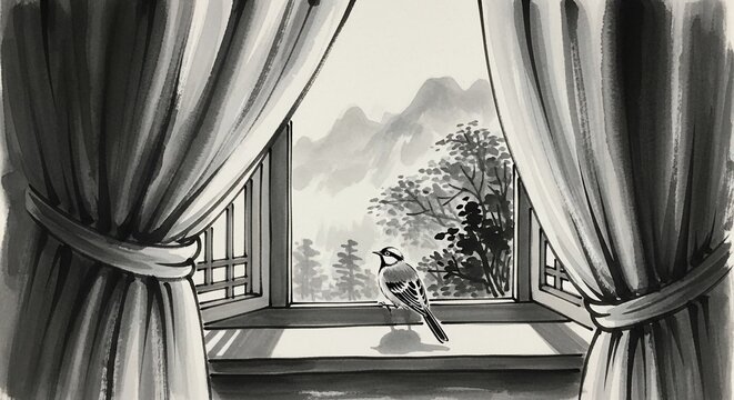 Bird on window sill landscape view