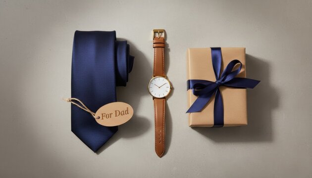 Father's Day gift set with navy blue silk tie, brown leather watch, and wrapped present. Elegant men's accessories for birthday or celebration.