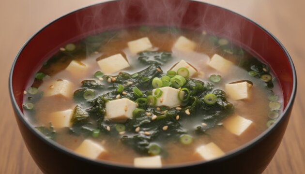 Traditional Japanese miso soup with tofu and seaweed, steaming hot dashi broth in red lacquer bowl, healthy fermented soybean soup with green onions