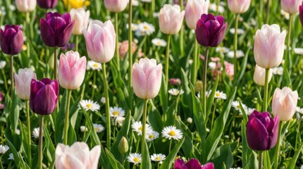 Obraz premium Vibrant Field of Colorful Tulips Blooming in a Spring Garden, Natures Beauty.