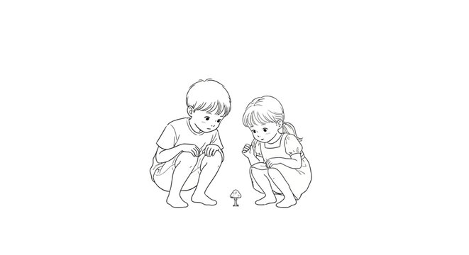 Two children playing together with small objects on floor.