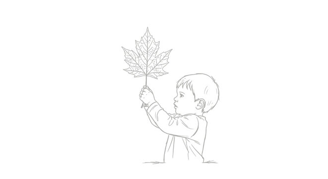Young child holding large maple leaf illustration outline.