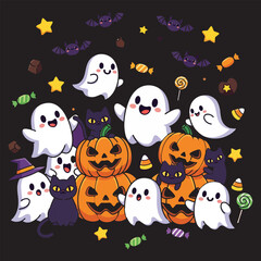 Obraz premium Cute Halloween vector illustration featuring friendly ghosts, carved pumpkins, black cats, bats, and sweet candies.