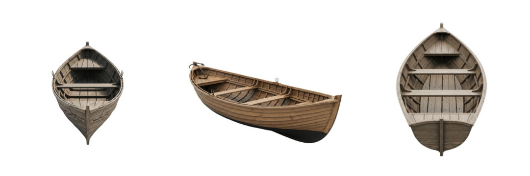 Classic Wooden Rowboat Set Isolated on White Background, Realistic Vintage Fishing Boat PNG, Nautical Transportation Clipart, Old Rowing Vessel for Landscape and Travel Design, High-Quality Marine Obj