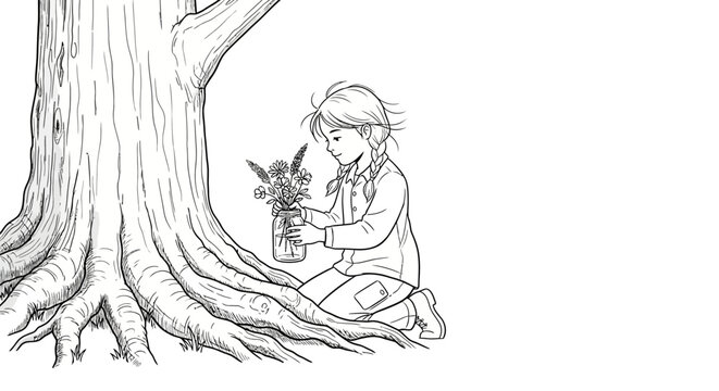 Young girl sitting by tree holding small creature sketch.