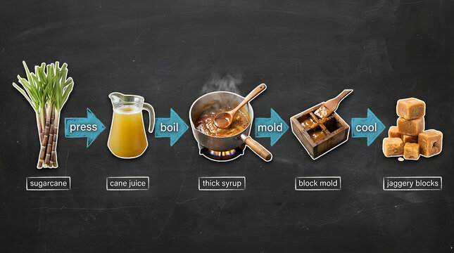 Sugarcane transformation process from fresh stalks to jaggery blocks