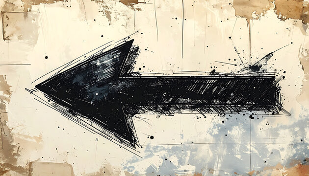Grunge distressed black arrow pointing left on textured parchment paper, directional symbol, abstract vintage graphic