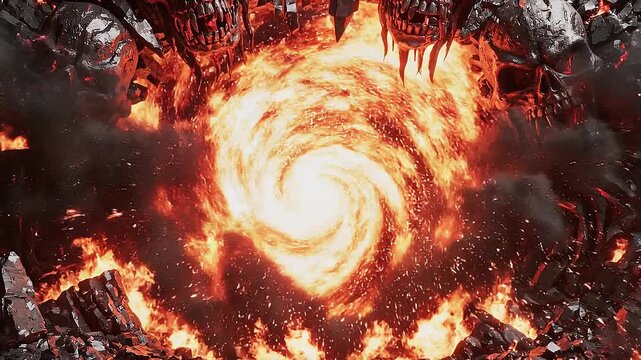 Fiery swirling vortex with glowing skulls and burning rocks in dark fantasy horror scene
