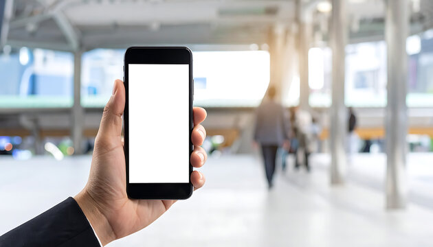 Holding a smartphone with a blank white screen in a busy modern transit hub, people walking in background