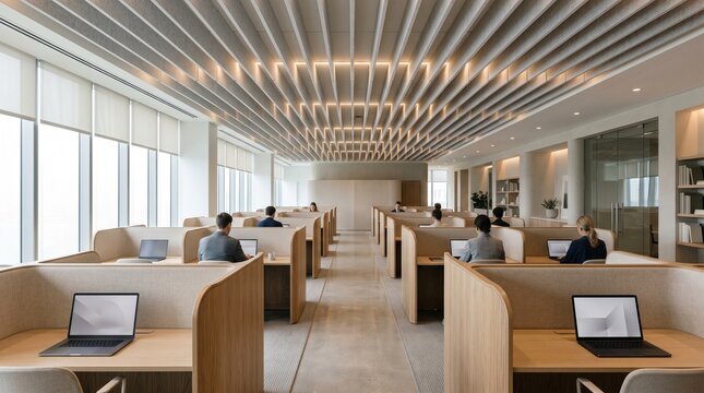 Open-plan focus office with acoustic geometry and calm lighting
