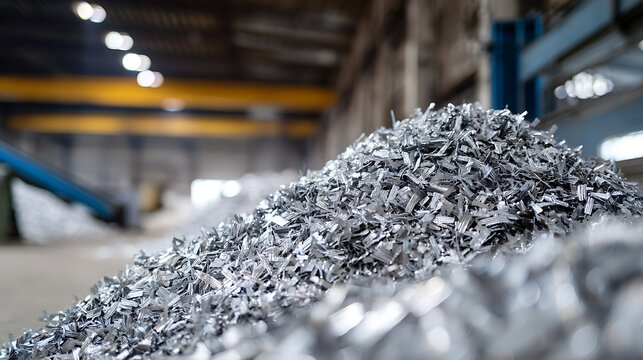 Large pile of shiny metal scraps, industrial waste, shavings, and swarf, close-up view in a production facility or recycling plant, raw material