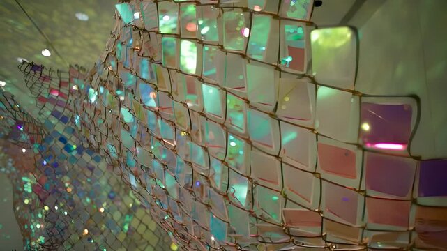 Abstract shimmering mosaic of iridescent squares and lights creating a dazzling visual effect