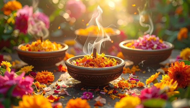 Vibrant flowers and steaming bowls outside.