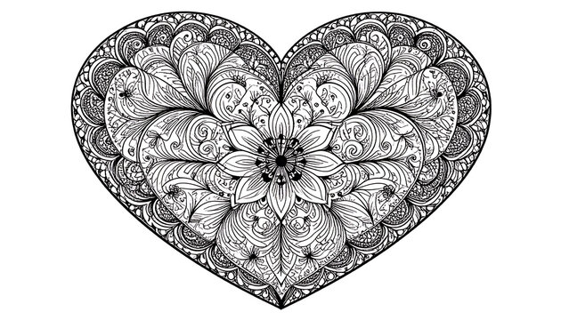 Intricate black and white line art heart with detailed floral pattern inside, symbol of love and health