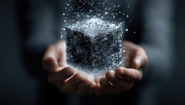Hands cradling a sparkling, mysterious cube emitting bright, shimmering particles
