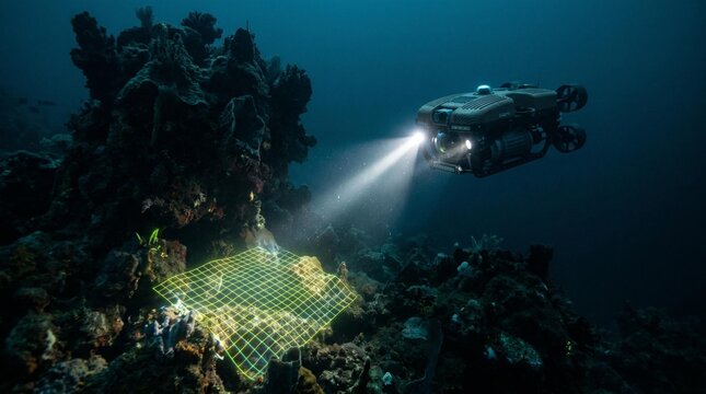 Underwater Research Drone Mapping Deep Sea Ocean Floor with Sonar Grid