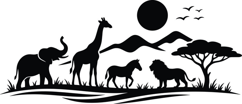 Black silhouette of african safari animals, acacia tree, and mountains under a sun and birds elephant