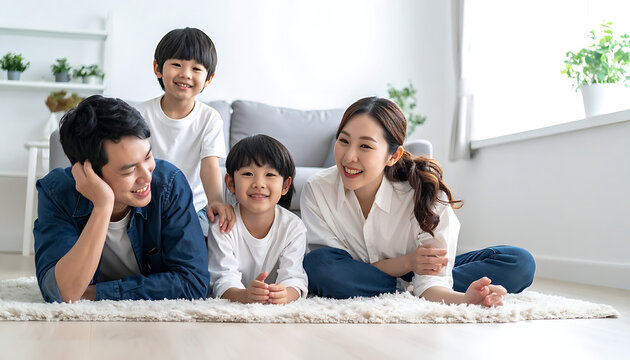 Happy Asian family with two young sons relaxing together on a rug in a bright living room, smiling and interacting warmly