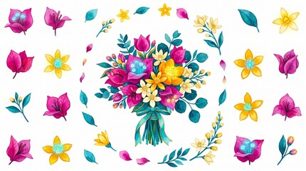 Fototapeta premium Vibrant floral bouquet illustration, a colorful spring flower arrangement, with individual pink, yellow, and blue blossoms, leaves, and decorative elements for wedding invitations or greeting
