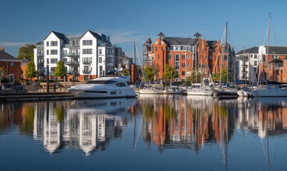 Obraz premium Modern buildings and yachts reflected in still water under a clear blue sky