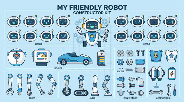 Vector illustration of a robot constructor kit with interchangeable parts and expressions