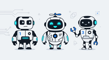 Naklejka premium Three friendly robots standing side-by-side in a line, digital illustration showcasing futuristic technology and artificial intelligence