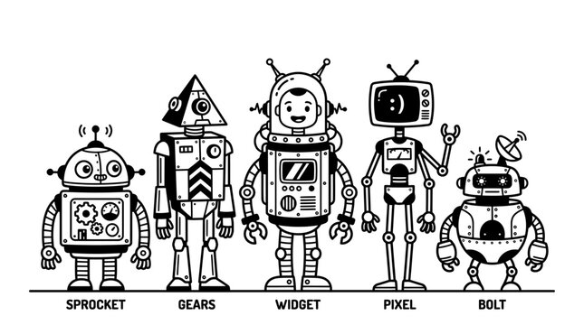 A group of five cartoon robots with unique designs, labeled 'Sprocket', 'Gears', 'Widget', 'Pixel', and 'Bolt', standing together against a white background