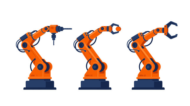 Industrial robotic arms with different end effectors, illustrating manufacturing automation and advanced technology