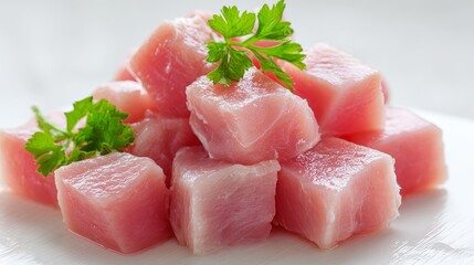 Fototapeta premium A plate of fresh raw tuna cubes garnished with parsley on a white background