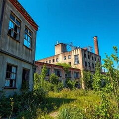 Fototapeta premium Abandoned factory building with broken windows and overgrown vegetation, economy, decline