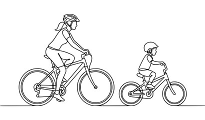 Obraz premium Minimal Black White Line Art Mother and Child Cycling Together Vector Design