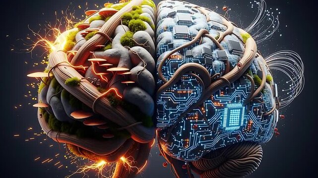 A split brain model showing the contrast between nature and technology. One half is covered in moss, mushrooms, and wood, while the other half features circuitry and a microchip