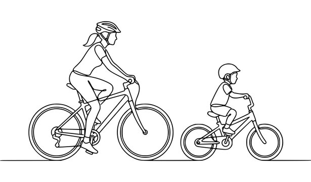 Minimal Black White Line Art Mother and Child Cycling Together Vector Design