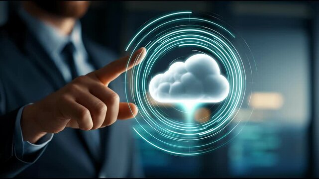 A business man in a suit points to a virtual neon cloud icon on a transparent interface. Cloud computing and data storage.