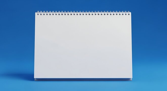 Blank desktop calendar mockup with spiral wire binding on blue background for business planning scheduling and promotion
