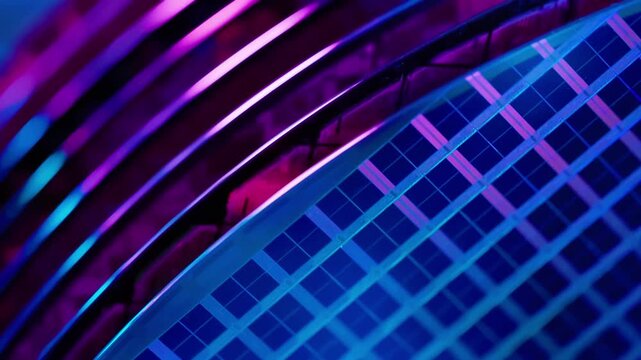 Semiconductor Silicon Wafer Batch Stack Mass Production Microchip Electronics Factory in 4K Ultra HD footage.
