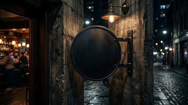 Signage blank circular board hangs on a vintage stone wall outside a dimly lit urban tavern at night.