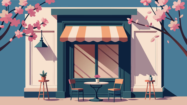 Exterior view of a cozy cafe bistro facade with outdoor seating and cherry blossoms exterior blossoms restaurant architecture building relaxing lifestyle shopfront refreshment atmosphere