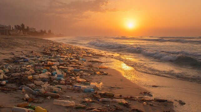 A polluted beach filled with plastic waste at sunset, highlighting environmental issues